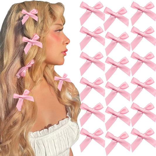 SAWINDA 20PCS Pink Mini Bowknot Ribbon Barrettes - Cute Claw Clips for Teens, Women & Girls' Hair Accessories