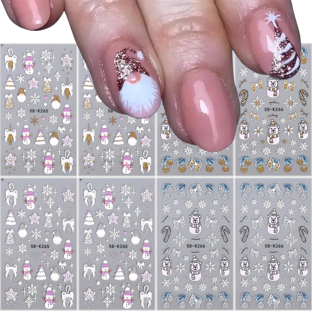 Christmas Nail Art Stickers 8 Sheet 5D Self-Adhesive Snowflake Nail Decals Sliver Glitter Xmas Tree Bell Snowman Winter Nail Art Charms Design Christmas Stickers for Women Nail Art Decoration Supplies