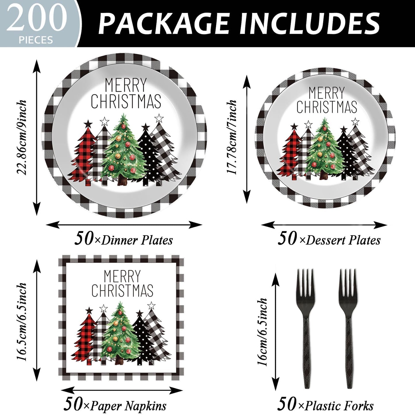 200Pcs Buffalo Plaid Christmas Tree Party Plates Napkins Christmas Black White Buffalo Plaid Theme Tableware Set for Xmas Holiday Decoration Dessert Plates Serve 50 Guests for Birthday Party Supplies