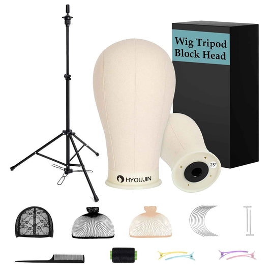 HYOUJIN Wig Stand with Adjustable Mannequin Head, Tripod Stand, Canvas Block Head, Wig Caps, T-Pins, Carry Bag (35.4-52.4in)