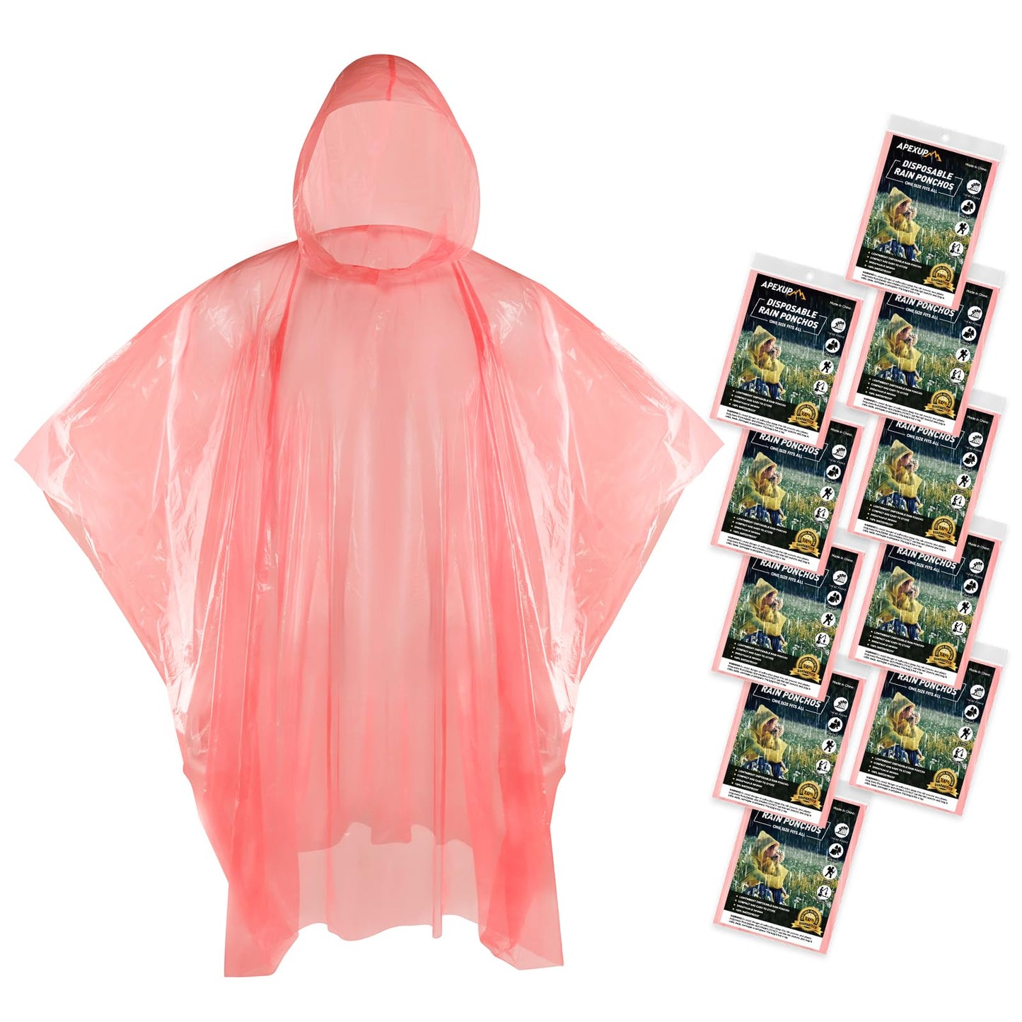 APEXUP Emergency Disposable Rain Ponchos for Adults for Camping Hiking Travelling,Red (10 Pack)