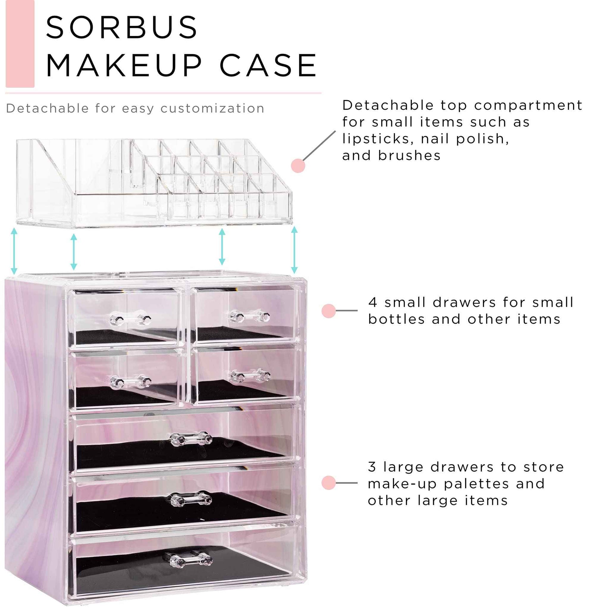 Sorbus Clear Cosmetic Makeup Organizer - Make Up & Jewelry Storage, Case & Display - Spacious Design - Great for Dresser, Bathroom, Vanity & Countertop (3 Large, 4 Small Drawers) [Tie Dye Print]