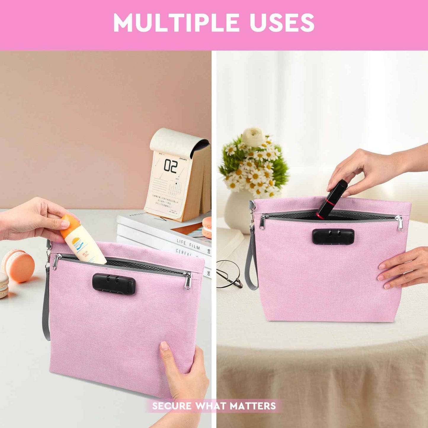 Pink Smell Proof Cosmetic Bag with 10 PCS Small Accessories, Water-Resistant Makeup Pouch with Combination Lock, Premium Organizers Storage Case, Great Gift for Women, Pink Set