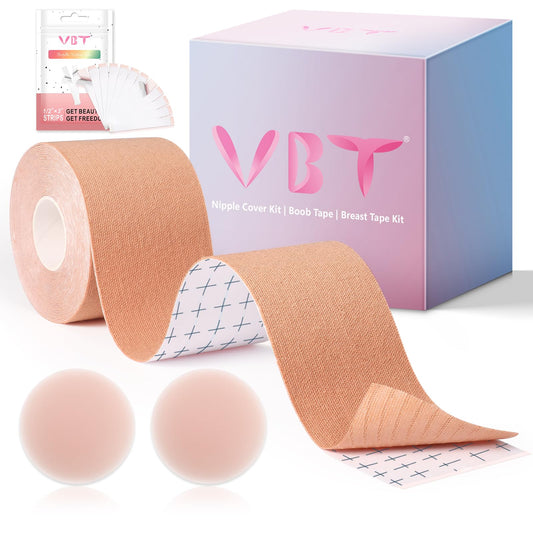 VBT Boob Tape - Breast Lift Tape, Body Tape for Breast Lift w 2 Pcs Silicone Breast Reusable Adhesive Bra, Bob Tape for Large Breasts A-G Cup, Nude