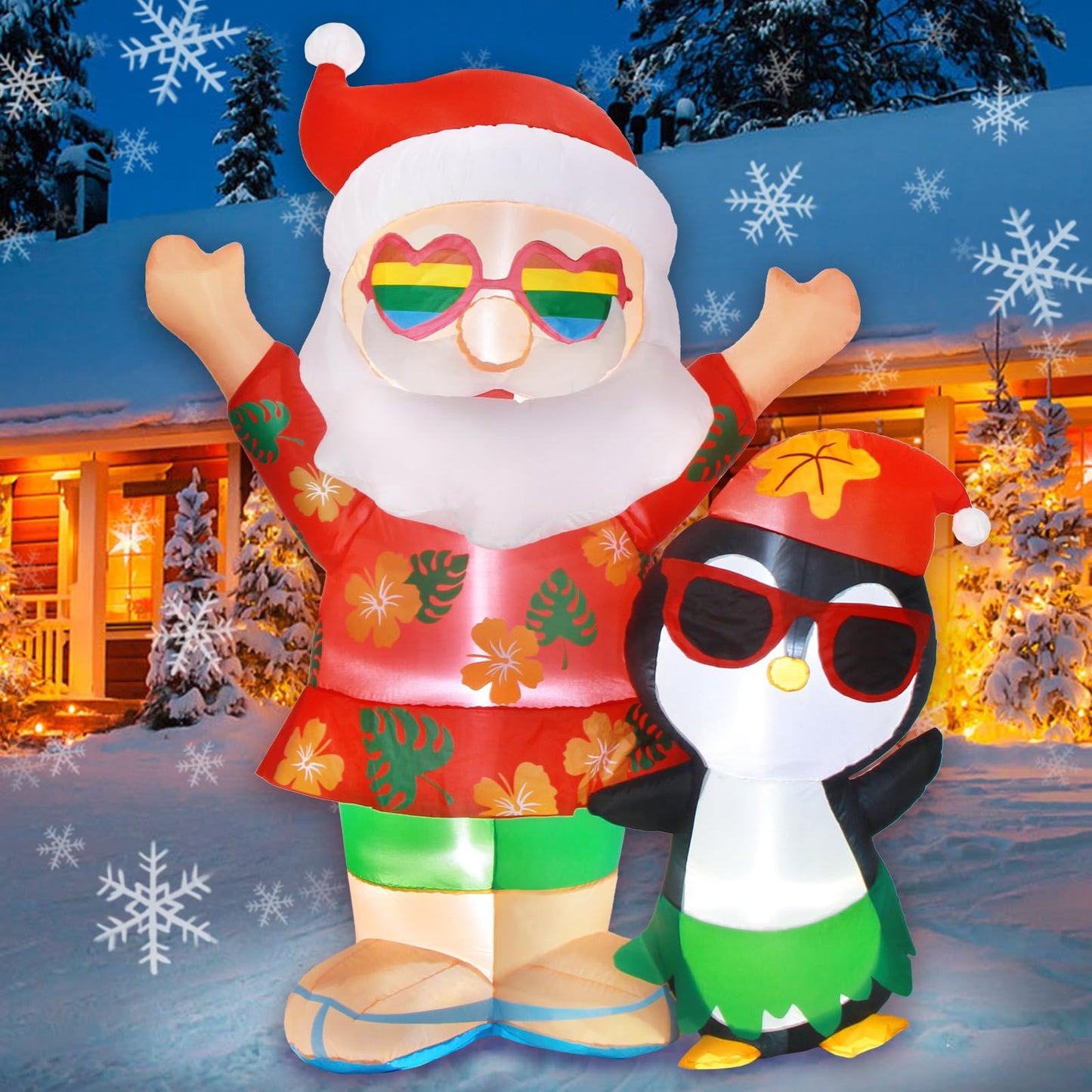 Gardentime Inflatables Christmas Santa Penguin Outdoor Decorations 6ft Giant Hawaiian Blow Up Yard Decoration LED Lights Tropical Xmas Blowups Holiday Party Indoor Outside Lawn Garden Patio Decor