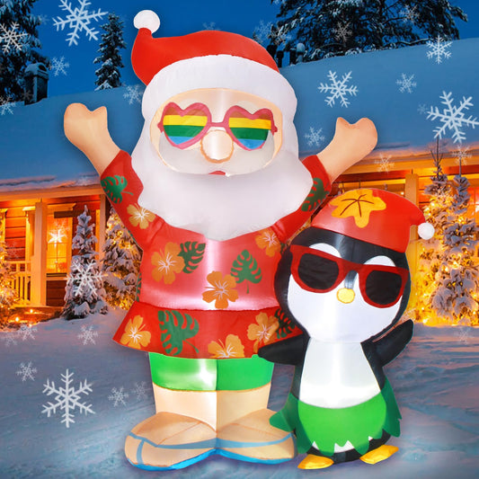 Gardentime Inflatables Christmas Santa Penguin Outdoor Decorations 6ft Giant Hawaiian Blow Up Yard Decoration LED Lights Tropical Xmas Blowups Holiday Party Indoor Outside Lawn Garden Patio Decor