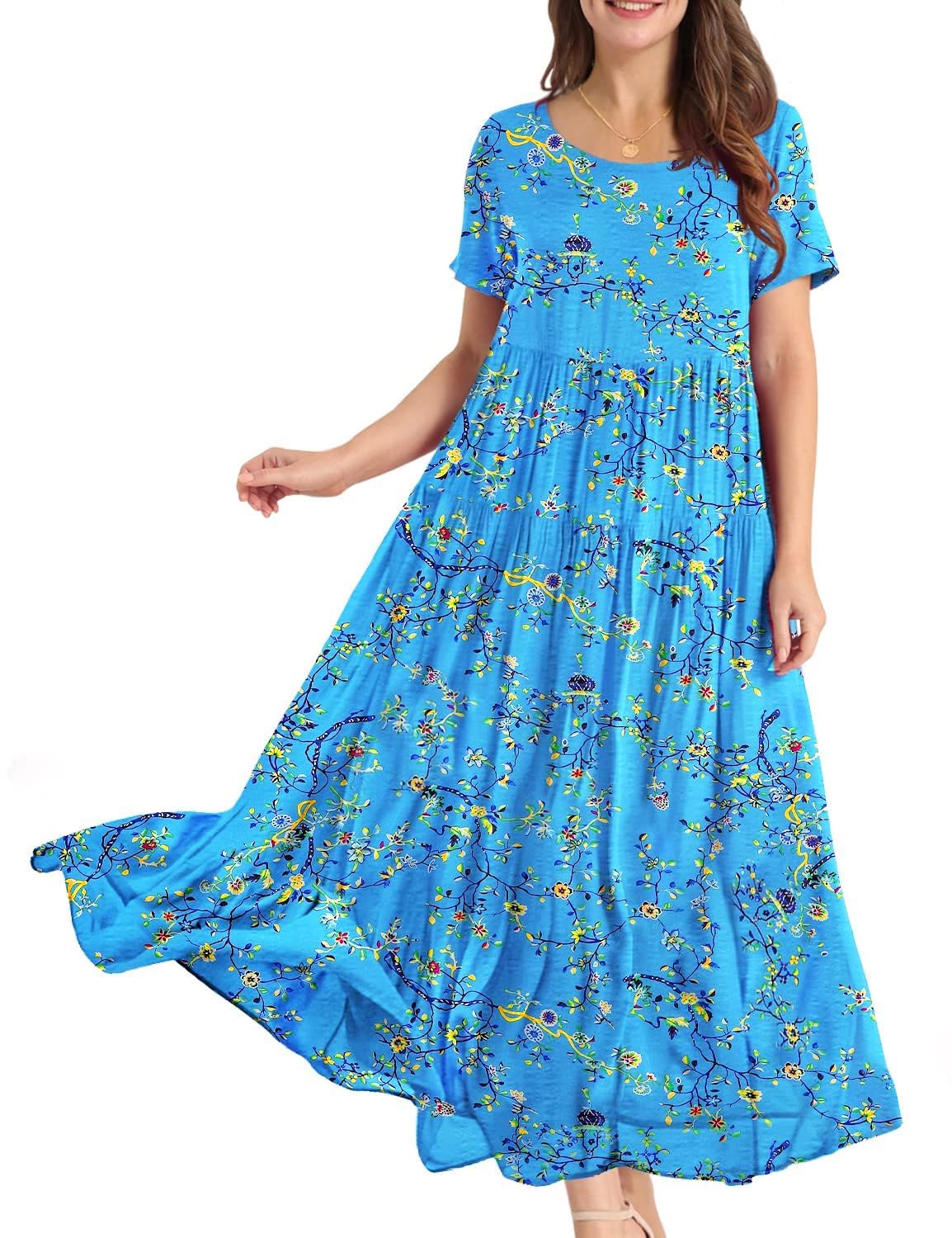 YESNO Women Casual Loose Bohemian Floral Dress with Pockets Short Sleeve Long Maxi Summer Beach Swing Dress S EJF CR44 Blue/Yellow