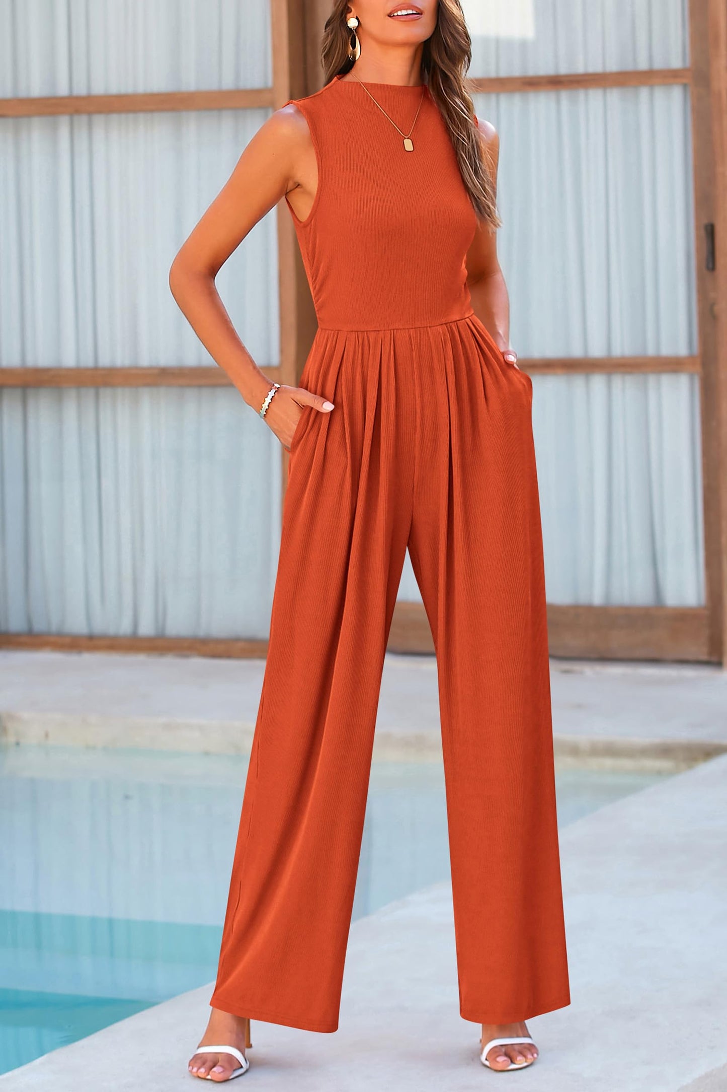 PRETTYGARDEN Womens Summer Jumpsuits Dressy Casual One Piece Outfits Sleeveless Mock Neck Wide Leg Pants Rompers with Pockets (Brick Red,Small)