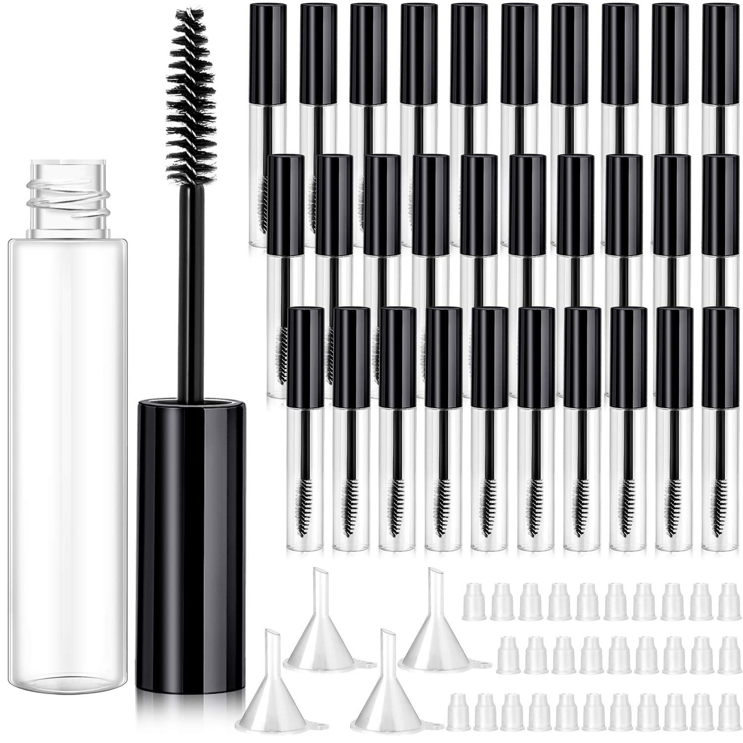 30 Pieces 10 ml Empty Mascara Tubes Eyelash Wand Refillable Clear Bottles Cream Container with 4 Pieces Transparent Funnels Transferring Castor Oil for DIY Cosmetics (Black)