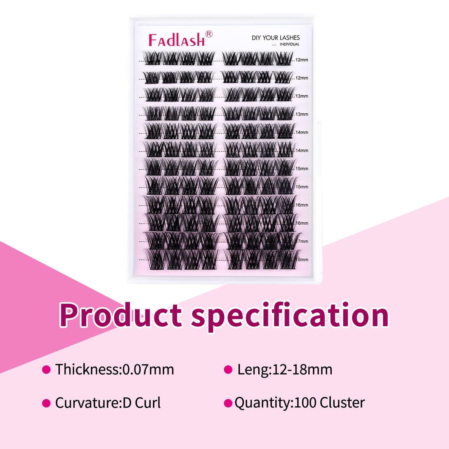 Lash Clusters 96pcs 12-18mm Individual Lashes D Curl Large Tray Wispy Cluster Lashes Mixed Length Reusable Eyelash Clusters DIY Eyelash Extension Individual Lash Extension Supplies (F2-0.07D, 12-18mm)