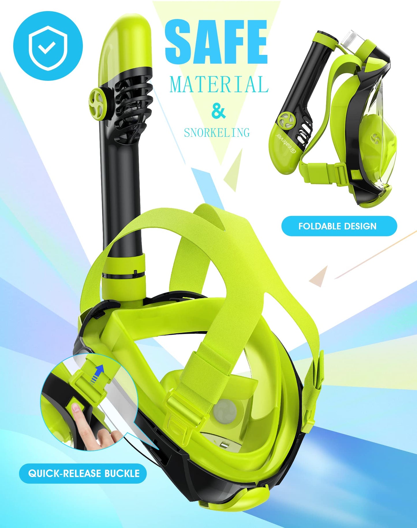 Greatever G2 Full Face Snorkel Mask with Latest Dry Top System,Foldable 180 Degree Panoramic View Snorkeling Mask with Camera Mount,Safe Breathing,Anti-Leak&Anti-Fog