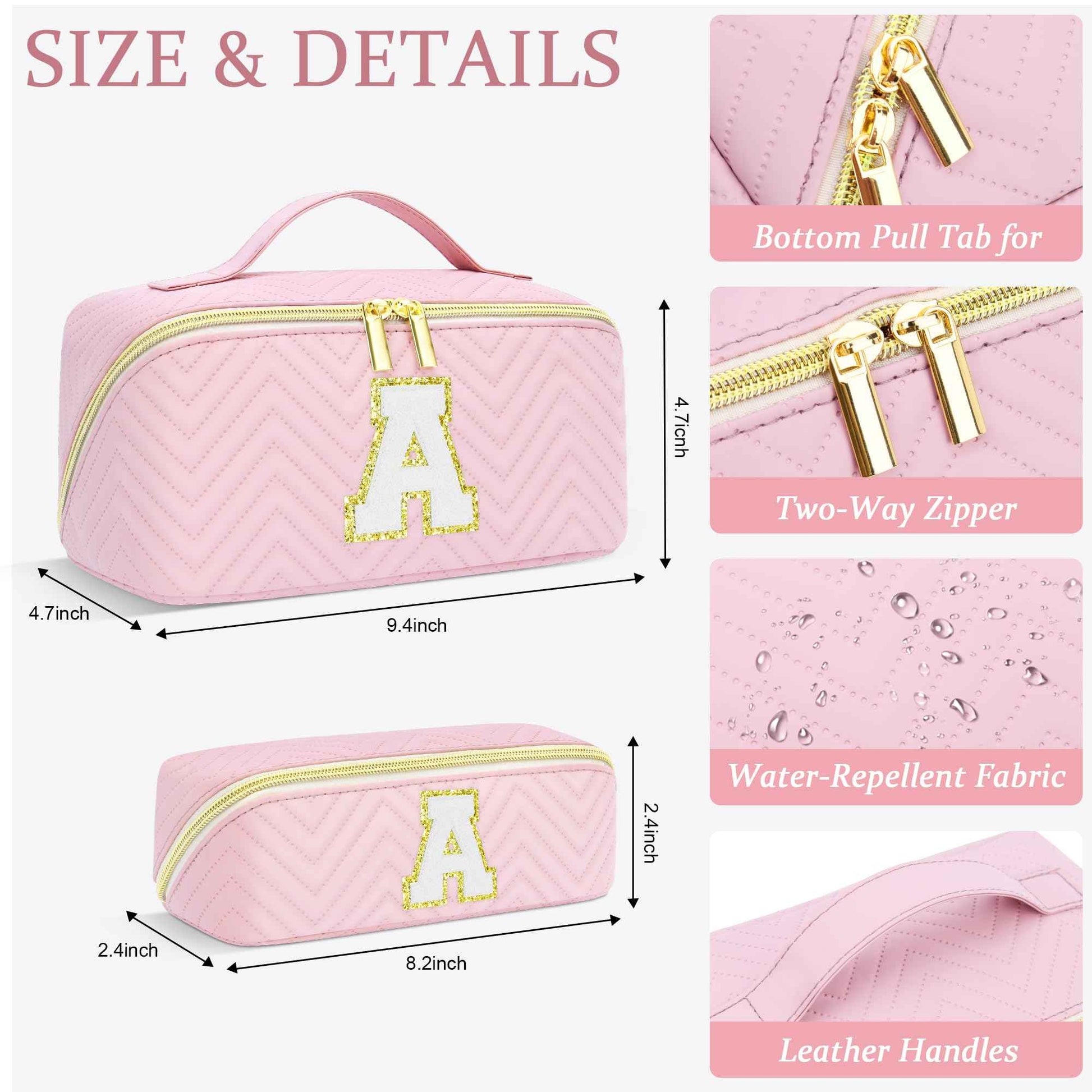 Makeup Bag Travel Toiletry Bag, Personalized Initial Pink Makeup Bag, Gift for Women Gils, Large Capacity Leather Cosmetic Bags, Waterproof Open Flat Organizer for Christmas, Halloween & Thanksgiving