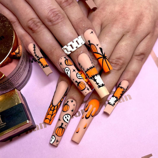 Halloween Press on Nails Long Coffin Fake Nails Orange Yellow False Nails with Designs Pumpkin Ghost Spider Web Glue on Nails Full Cover Coffin Acrylic Nails Stick on Nails for Women 24 PCS