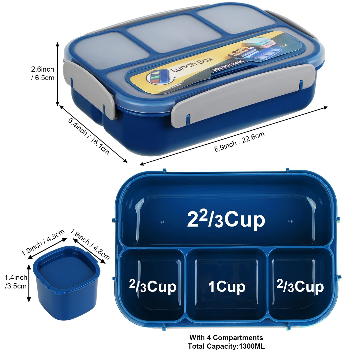 MaMix Bento Lunch Box Adult, Kids, Lunch Containers for Adults/Kids/Students,1300ML-4 Compartment (blue)