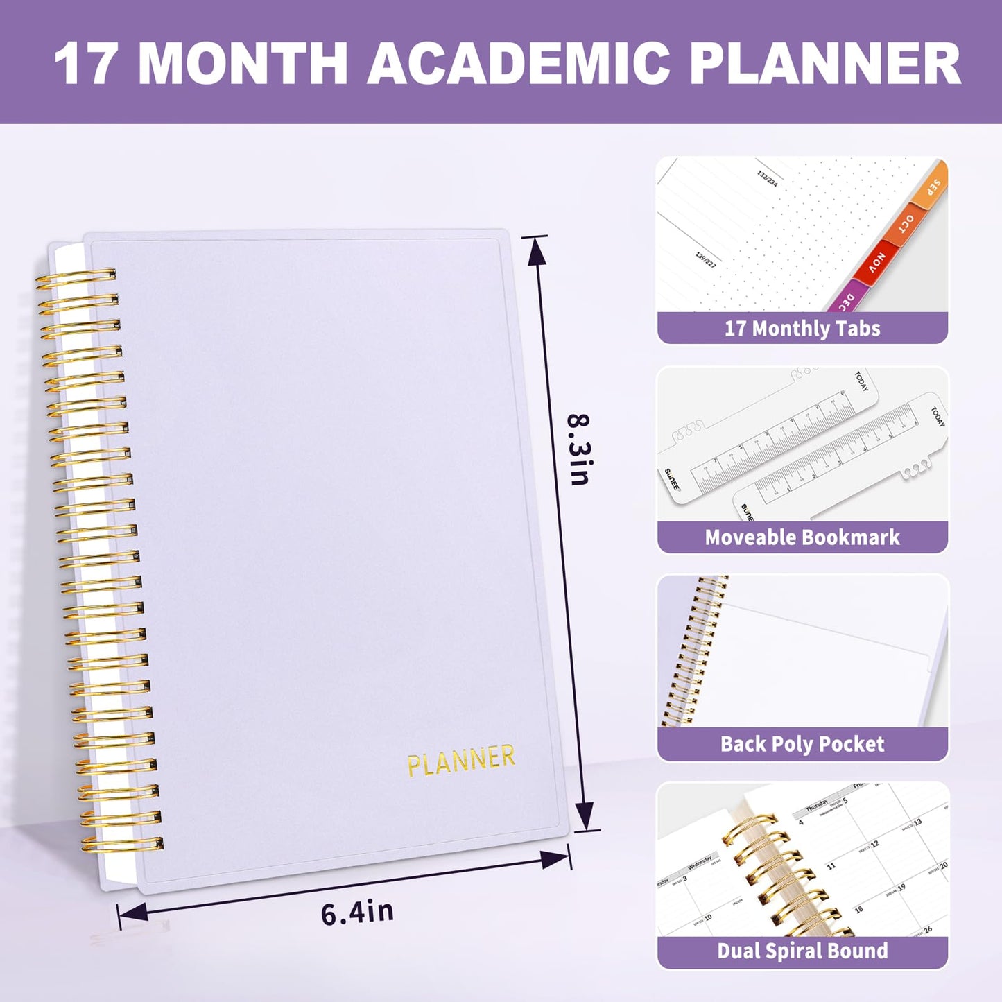 SUNEE Academic Planner 2024-2025 Weekly and Monthly - from August 2024 - December 2025, 6.4"x8.3" School Year Calendar Daily Planner with Monthly Tab, Flexible Cover, Note Pages, Pockets, Bookmark, Spiral Binding, Purple