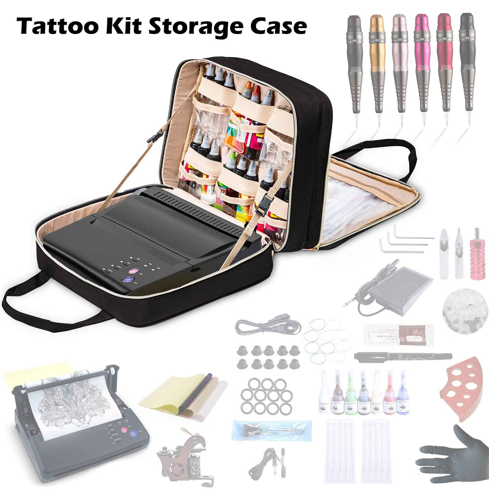 ELCUPA Tattoo Carrying Case-Tattoo Supplies Organizer-Tattoo Kit Case -Tattoo Supplies Carrying Bag for Tattoo Stencil Printer, Tattoo Ink, Tattoo Equipment, Tatoo Pens Black (BAG ONLY)
