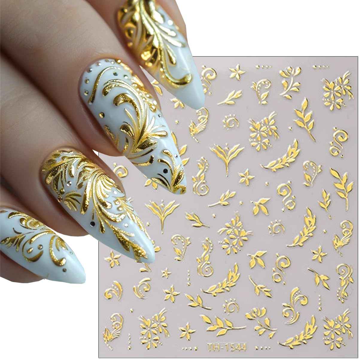 6Pcs Gold Nail Art Stickers 3D Metallic Floral Leaf Nails Decals Gold Cherry Blossom Flower Nail Stickers Butterfly Nails Art Design Supplies for Women Girl Spring DIY Manicure Decoration Accessories