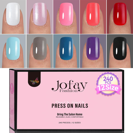 240Pcs Nails Tips Press on Nails Short Kit, Jofay Fashion Acrylic Fake Nails with Glue, 2 Glitter Valentines Press on Nails, 8 Solid Colors Artificial False Nails, Glue on Nails Stick On Nails