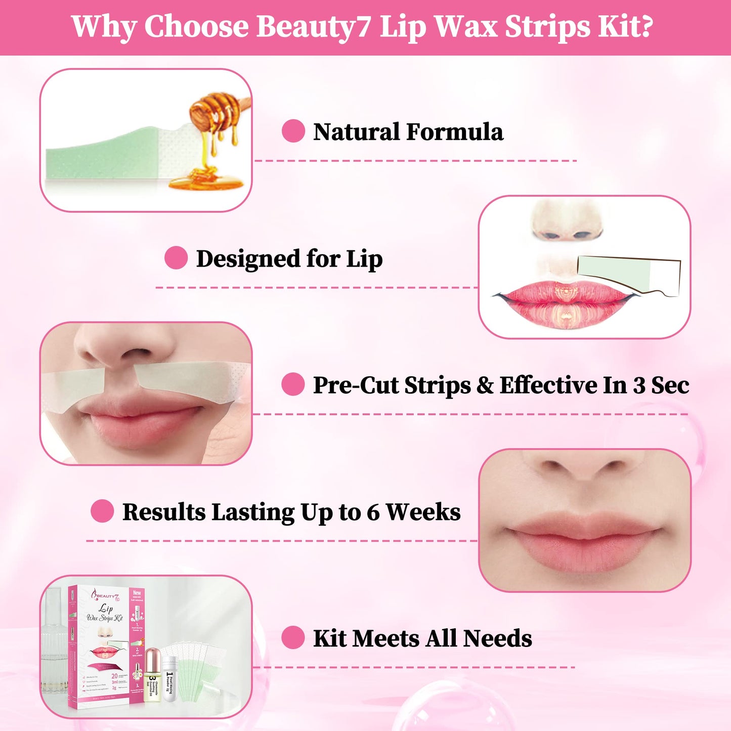 Beauty7 Lip Wax Strips Facial Wax Strips Hair Removal Wax Strips for Sensitive All Skin Types Women 20 pcs with Pearl Powder Essential Oil