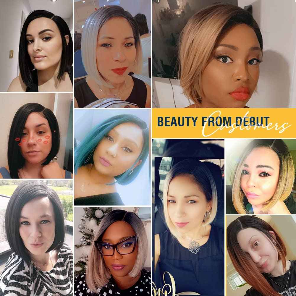 DÉBUT Lace Front Wigs for Black Women Bob Wigs for White Women Synthetic Hair 9.5" 120g Natural Straight Swiss Lace Heat Resistant Fibers 1B Color