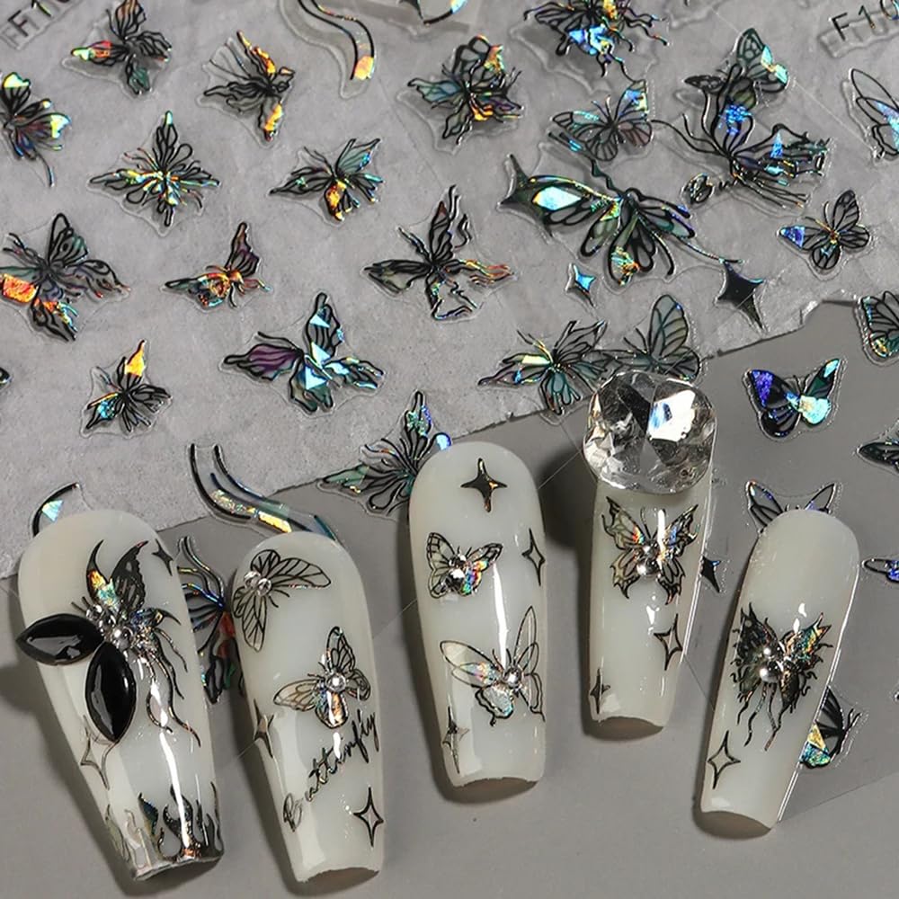 8pcs Laser Black Butterfly Nail Stickers for Women 3D Butterfly Nail Art Stickers Butterfly Nail Decals for Nail Art Supplies Self Adhsive Butterfly Stickers for Nails Butterflies Nail Decorations