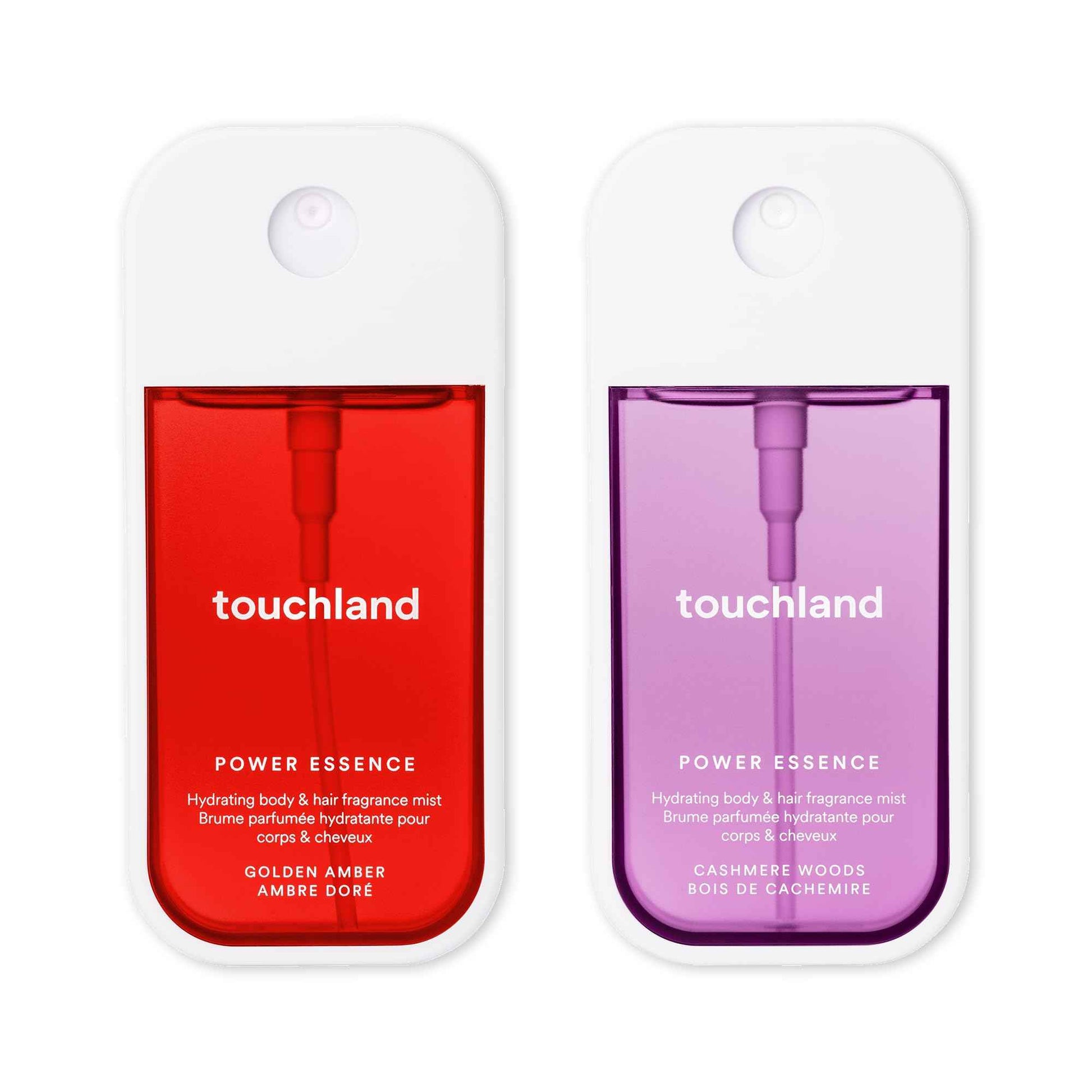 Touchland Power Essence Hydrating Body & Hair Fragrance, SOFT SOLACE DUO (Golden Amber + Cashmere Woods), 2 FL. OZ. Travel Size Body Mist (Set of 2)