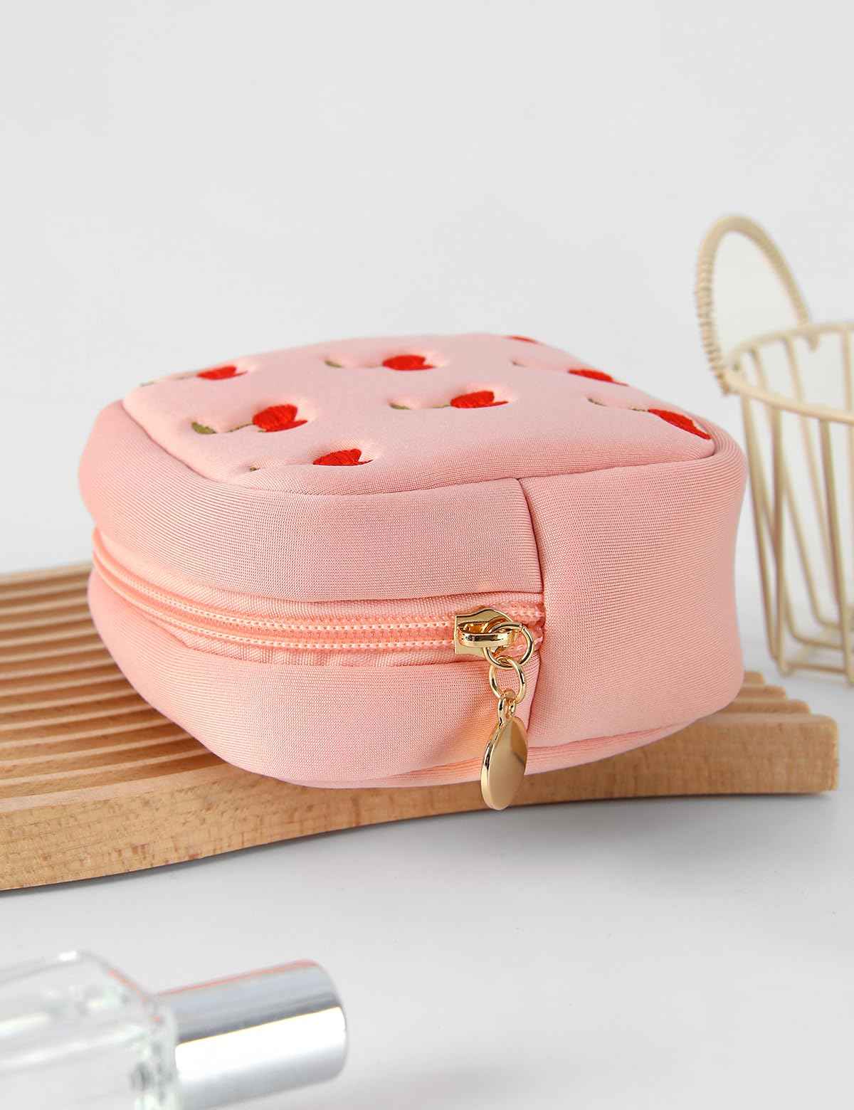 ZUCOLUS Pink Period Bag for Teen Girls, Mini Sanitary Napkin Storage Makeup Bag,Small Cherry Embroidery Period Bag for Women Girls