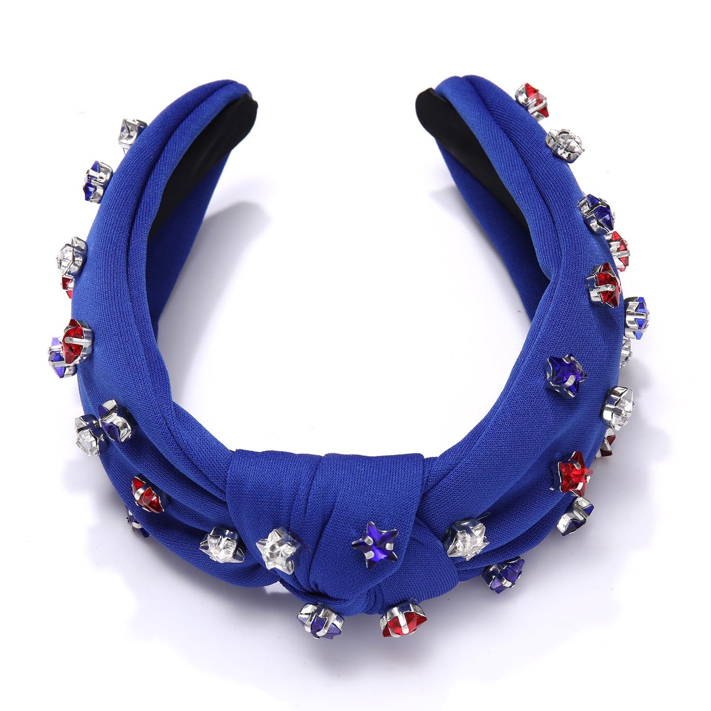 4 th of July Headband for Women American Flag Knottted Headband Red White Blue Crystal Star Charm Headpiece Fourth of July Patriotic Top Knot Wide Hairband Independence Day Party Favor Decor (blue knot headband)