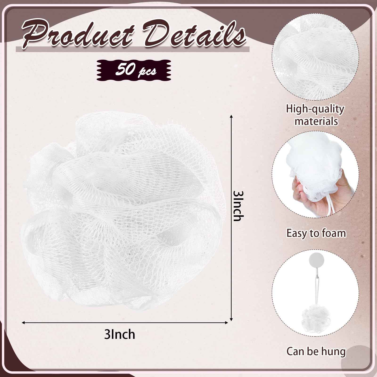 Suttmin 50 Pcs Loofah Sponge Bulk Mini Shower Sponge 3 Inch Loofahs Shower Pouf Mesh Shower Ball for Women Kids Men Exfoliating Bath Scrubber Travel Size Shower Gift(White)
