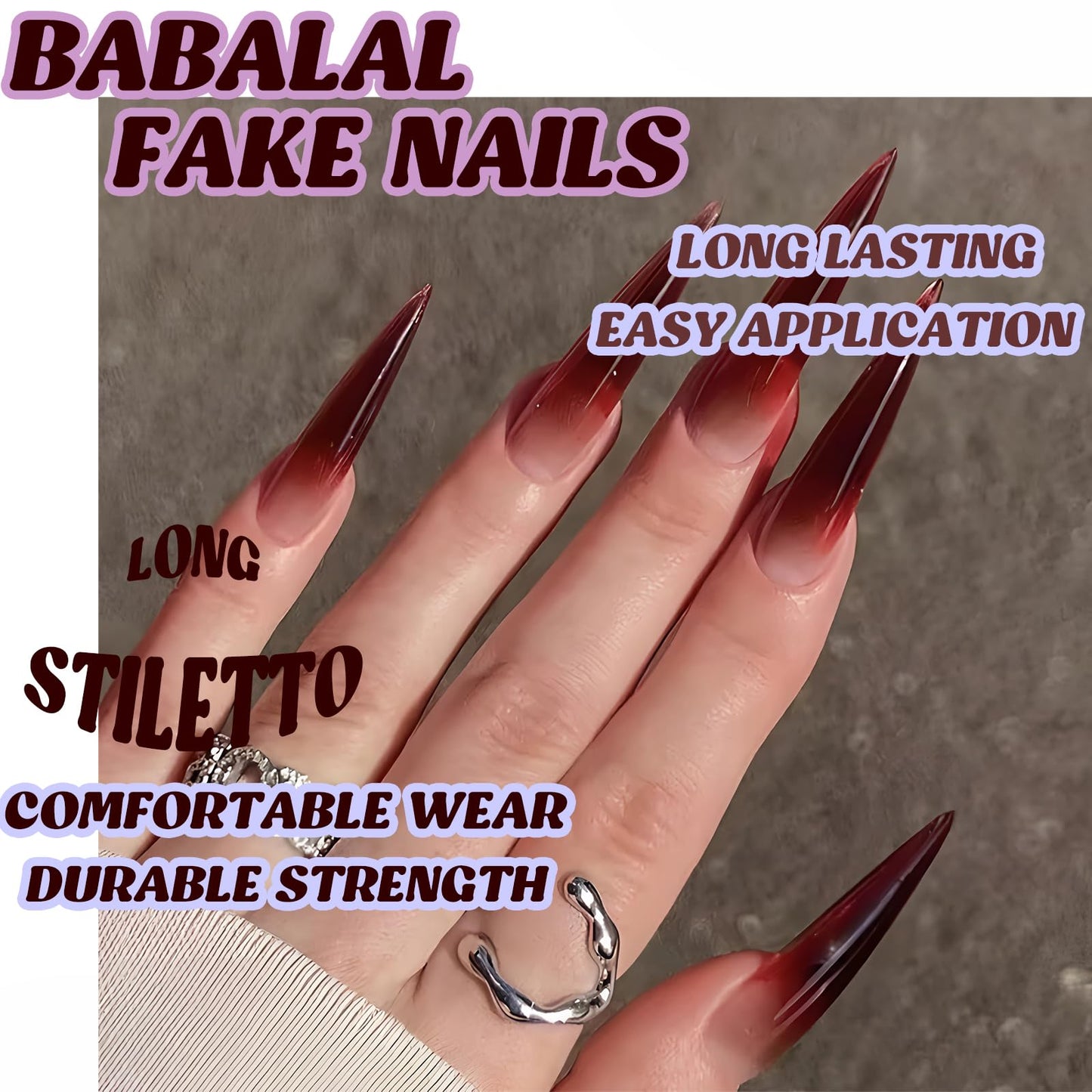 BABALAL Press on Nails Long Stiletto Fake Nails Red Gradient Glue on Nails Goth Acrylic Nails 24Pcs Y2k Almond Manicure Artificial False Nails for Women and Girls