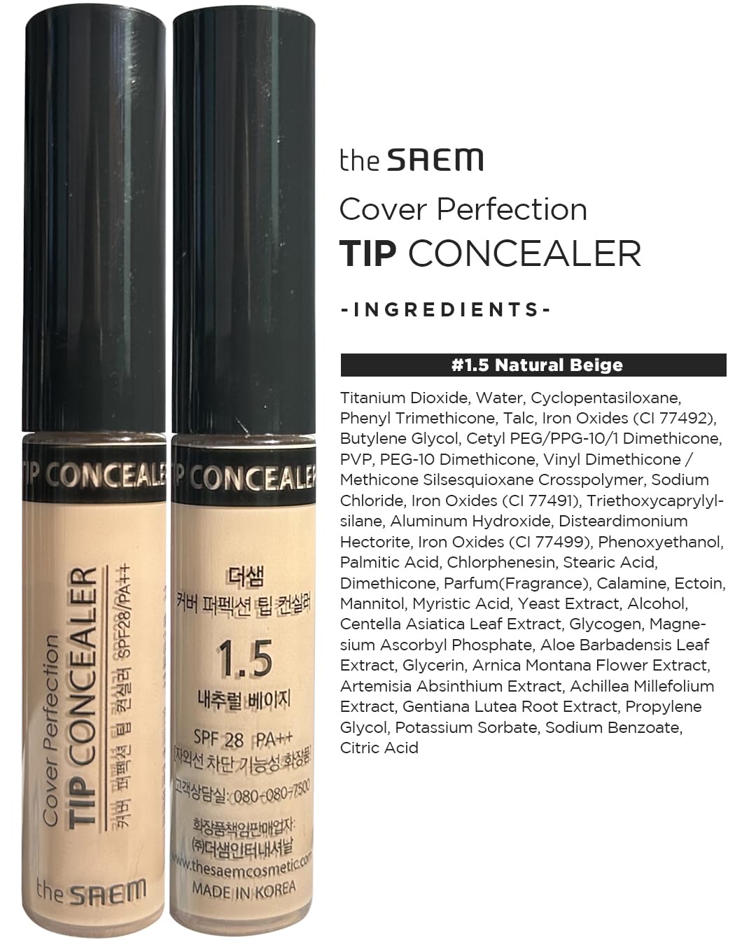 THE SAEM Cover Perfection Tip Concealer, Liquid Multi-Use Concealer, Full Coverage Makeup for Acne Dark Spots Dark Circles Hyperpigmentation and Blemishes, 0.2 fl. oz. (#1.5 Natural Beige)