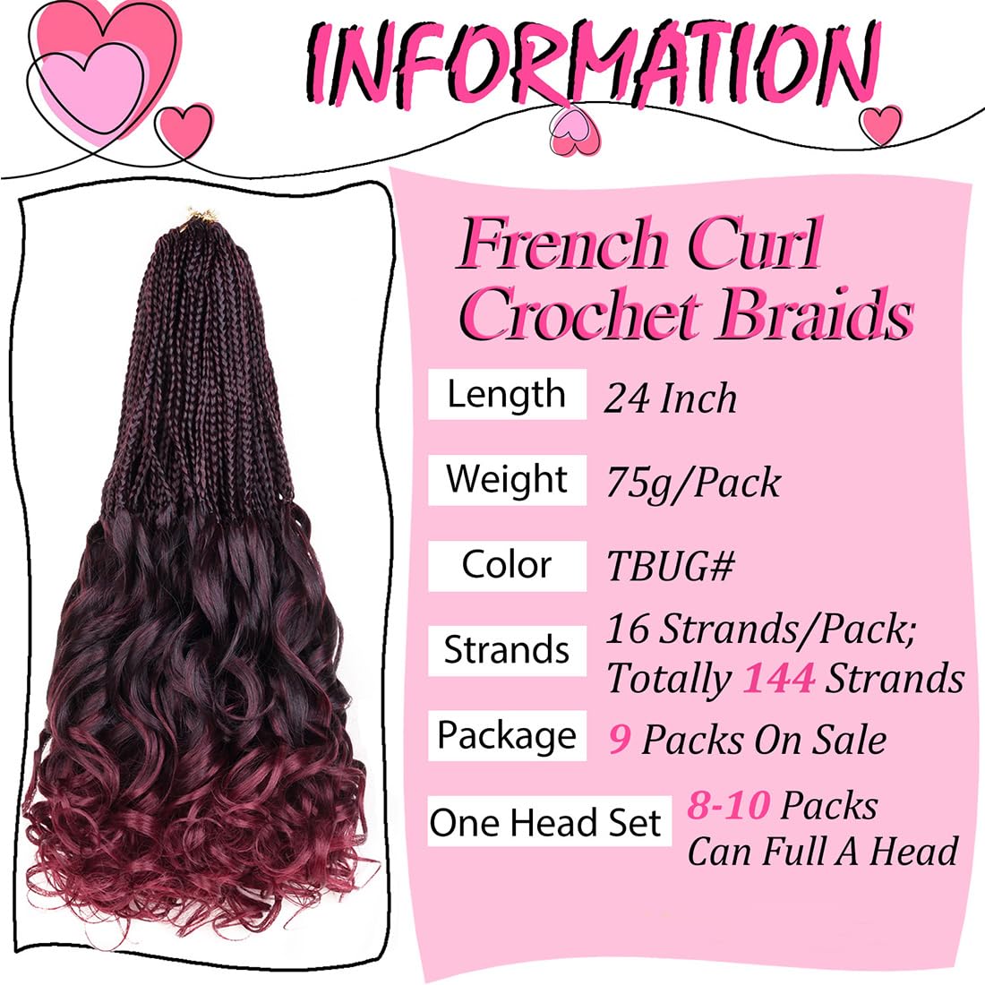 24 Inch French Curly Crochet Braids Hair for Black Women 9 Packs French Curly Crochet Hair Pre Looped Bohemian Goddess Box Braiding hair wtih Wavy Curly Ends Synthetic Hair Extensions (1B/BUG#)