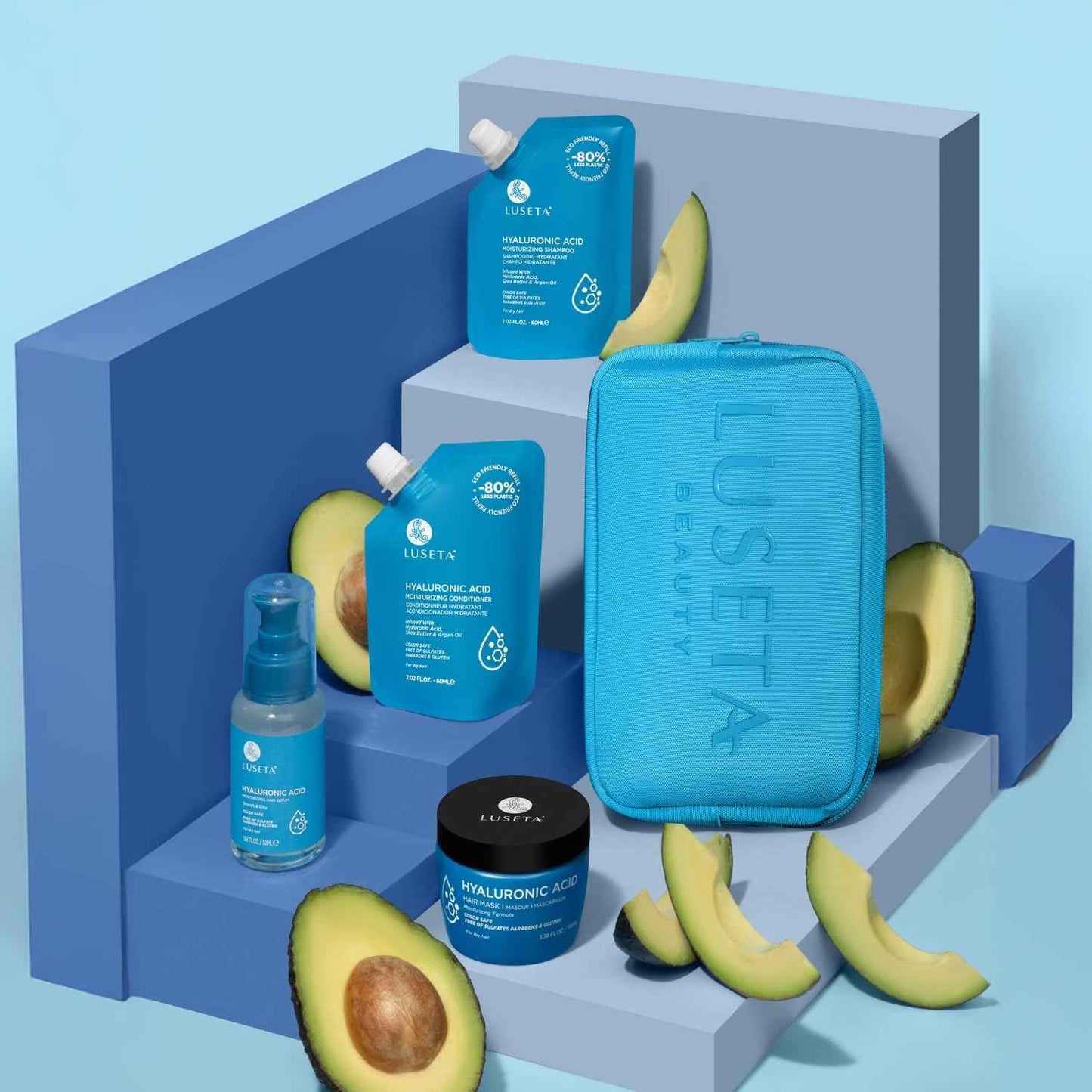 Luseta Hyaluronic Acid Jet-Set Hair Moisturizing Kit, Travel Size Shampoo and Conditioner Set for Hair Moisturizing with Hair Mask and Heat Serum for Women and Men, Hair Care Kit for Dry Hair