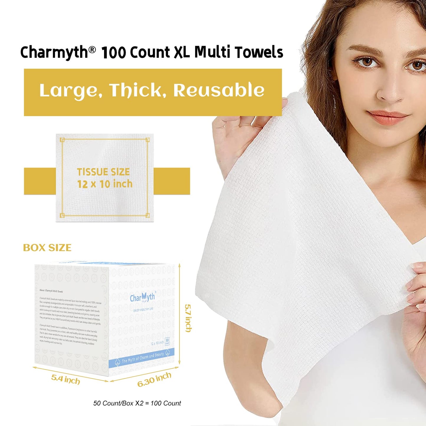 Charmyth Disposable Face Towel, Clean Face Tissue Skin Towel 100 Count XL, Extra Thick Soft Disposable Makeup Remover Dry Wipes, Organic Cruelty Free and Degradable Clean Towel for Sensitive Skin