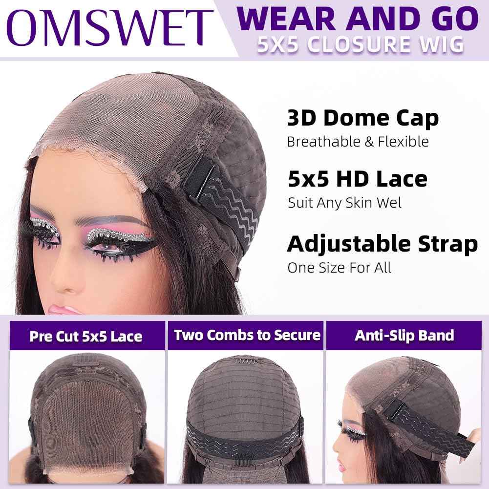 omswet Wear and Go Bob Wig Human Hair 200 Density 5x5 HD Lace Closure Pre Plucked Pre Bleached Pre Cut Glueless Wig Bob Wigs for Black Women Human Hair Glueless Short Wigs Natural Black 10 Inch