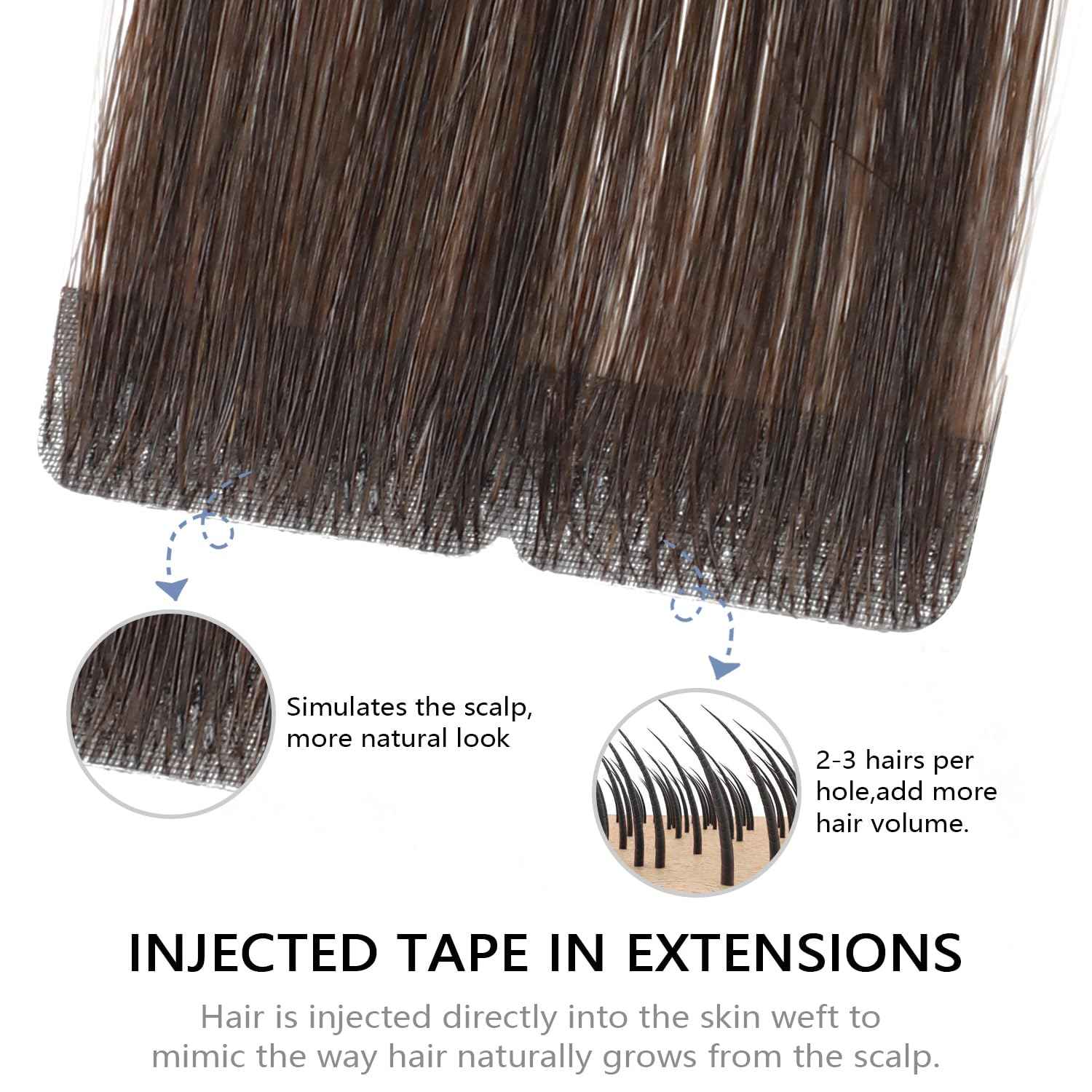 COOKAYU Injected Tape in Hair Extensions, Darkest Brown 14Inch 30g 20pcs Seamless Invisi Edge Tape in Human Hair Straight Invisible Extensions