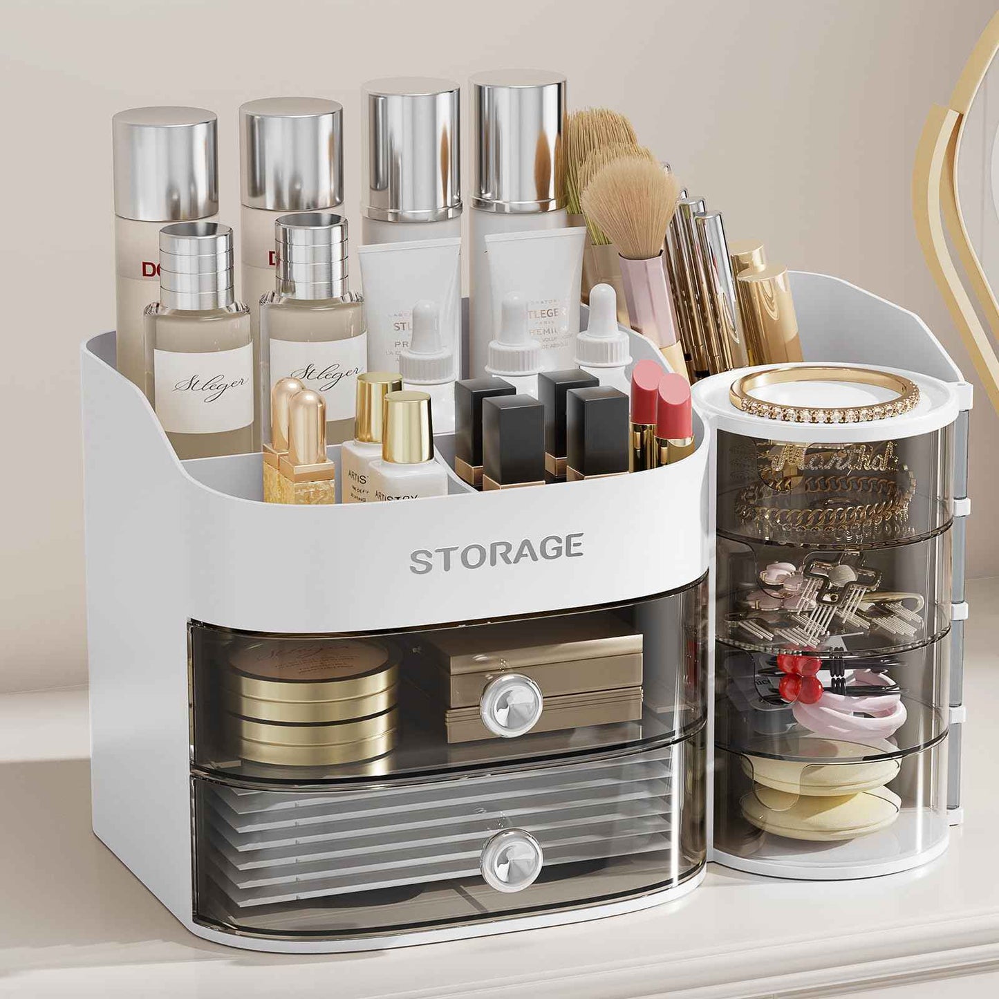 LAMU Makeup Organizer Countertop, Cosmetic Storage for Dresser Bathroom Countertop, Include 4-Tier Rotating Jewelry Box for Brushes, Skincare, Perfume, Jewelry Organizer, Ideal Christmas Gifts, White