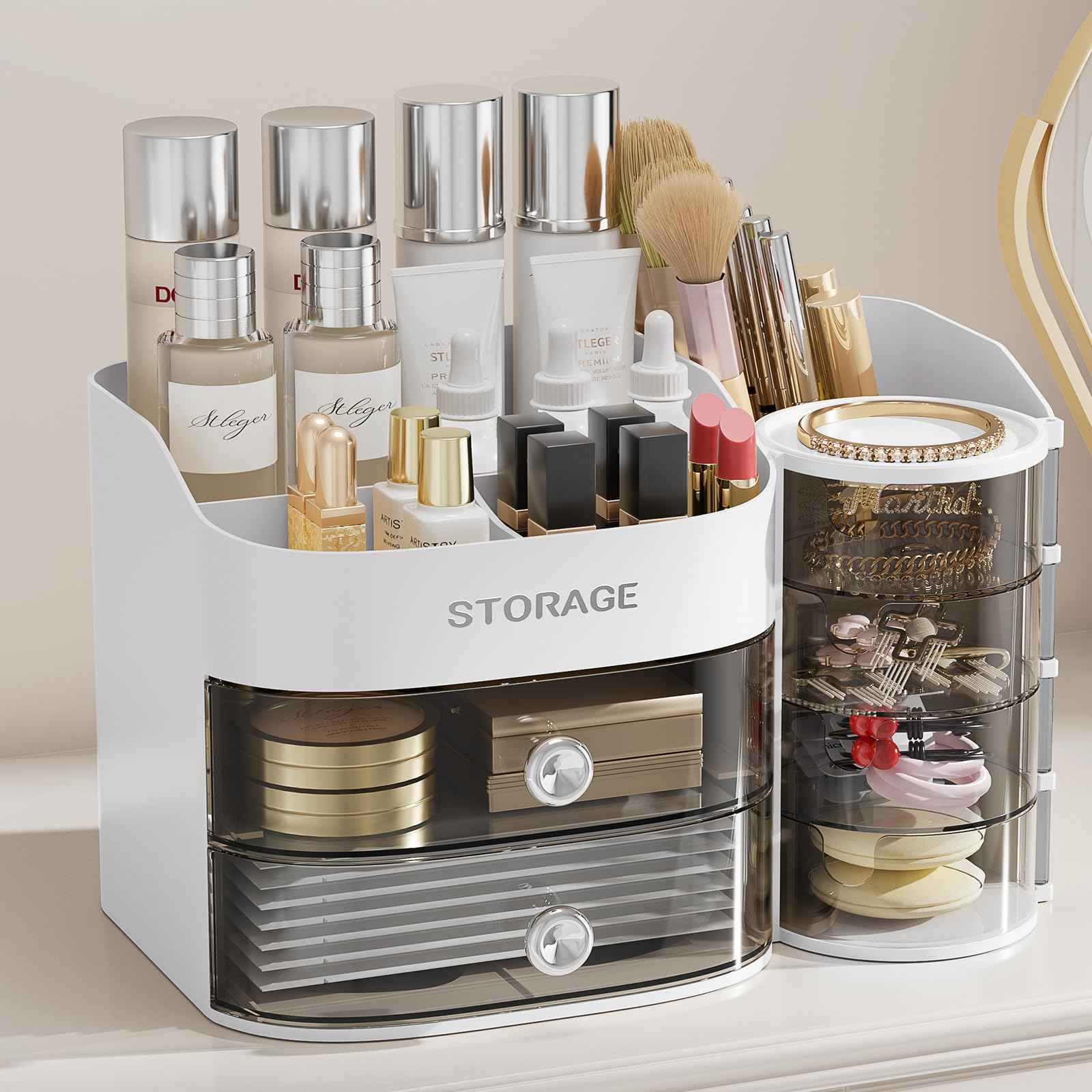 LAMU Makeup Organizer Countertop, Cosmetic Storage for Dresser Bathroom Countertop, Include 4-Tier Rotating Jewelry Box for Brushes, Skincare, Perfume, Jewelry Organizer, Ideal Christmas Gifts, White
