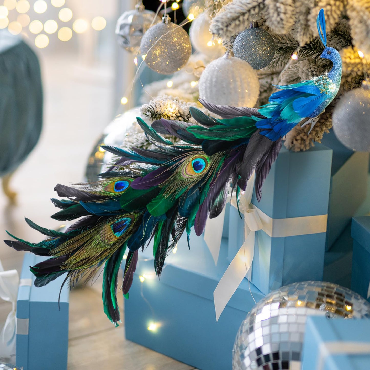 2 Pcs Peacock Christmas Tree Ornaments Long Tail Feather Peacock Christmas Decorations Glitter Peacock Bird Clip On Ornament for Xmas Tree Decor (Trendy Style)