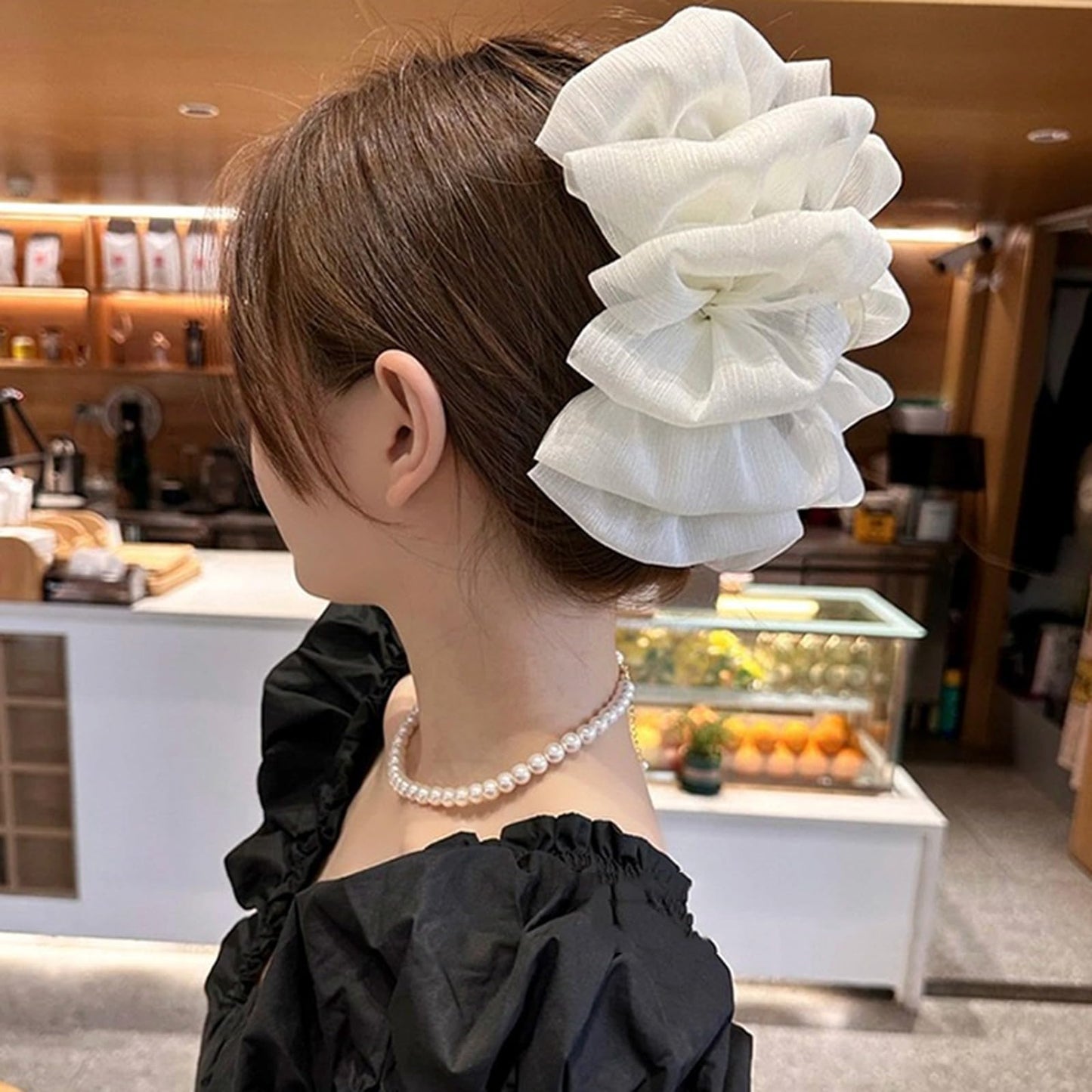 papasgix Chiffon Silk Hair Accessories: Large Fabric Floral Bows, Plastic Claw Clips for Women and Girls (2, White+Black)