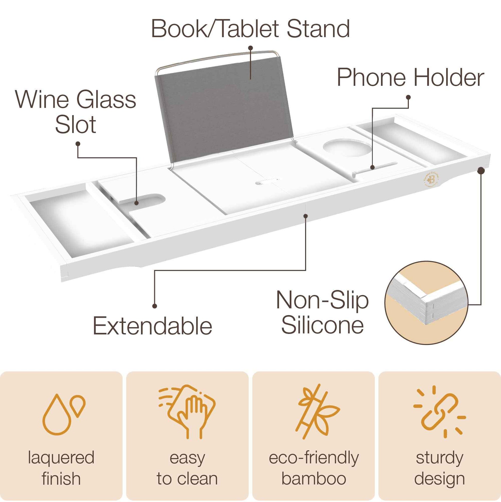 Wooden Bathtub Tray - Foldable & Expandable Bamboo Bath Tray for Tub with Wine Holder, Book & Tablet Stand - Bath Caddy Tray for Bathtub, Spa Bath Accessories, Tub Tray Table, (White)