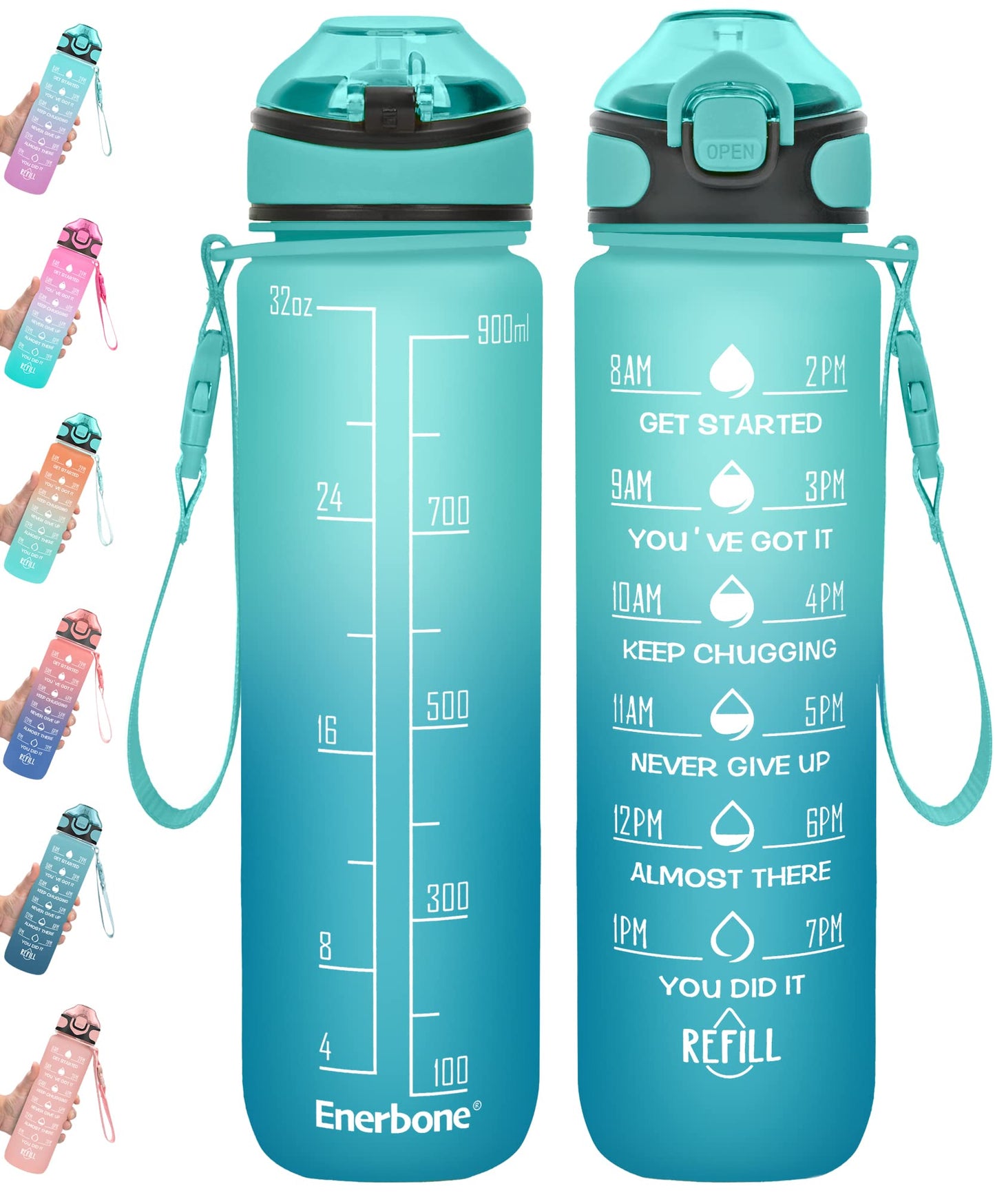 Enerbone 32 oz Drinking Water Bottle with Times to Drink and Straw, Motivational with Carrying Strap, Leakproof BPA & Toxic Free, Ensure You Drink Enough Water for Fitness Gym Outdoor