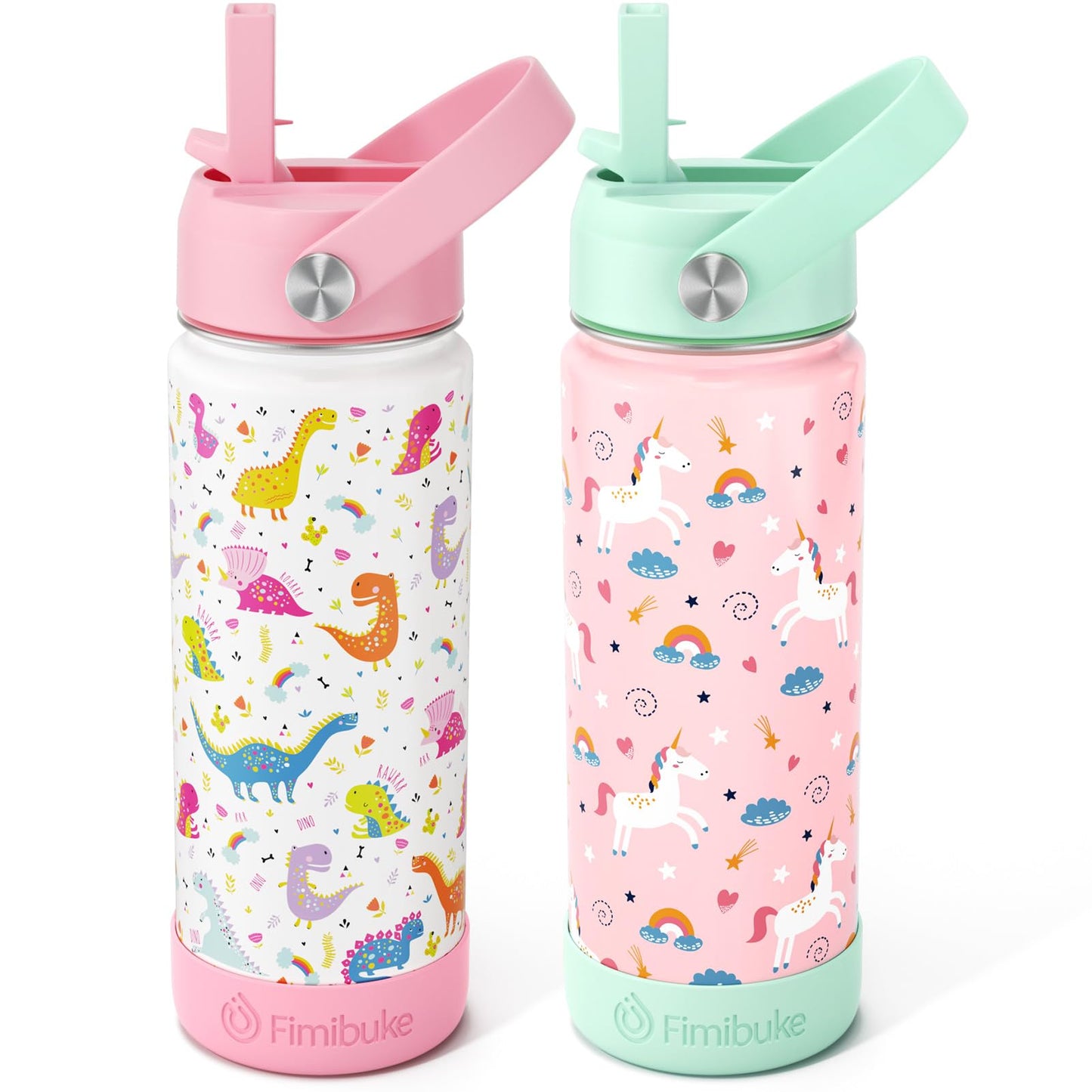 Fimibuke Kids Insulated Water Bottle - 18oz BPA-FREE Kid Cup with Straw Double Wall Vacuum Tumbler 18/8 Stainless Steel Leak Proof Toddler Water Bottle for School Boys Girls (2 Pack, Unicorn/Dinosaur)