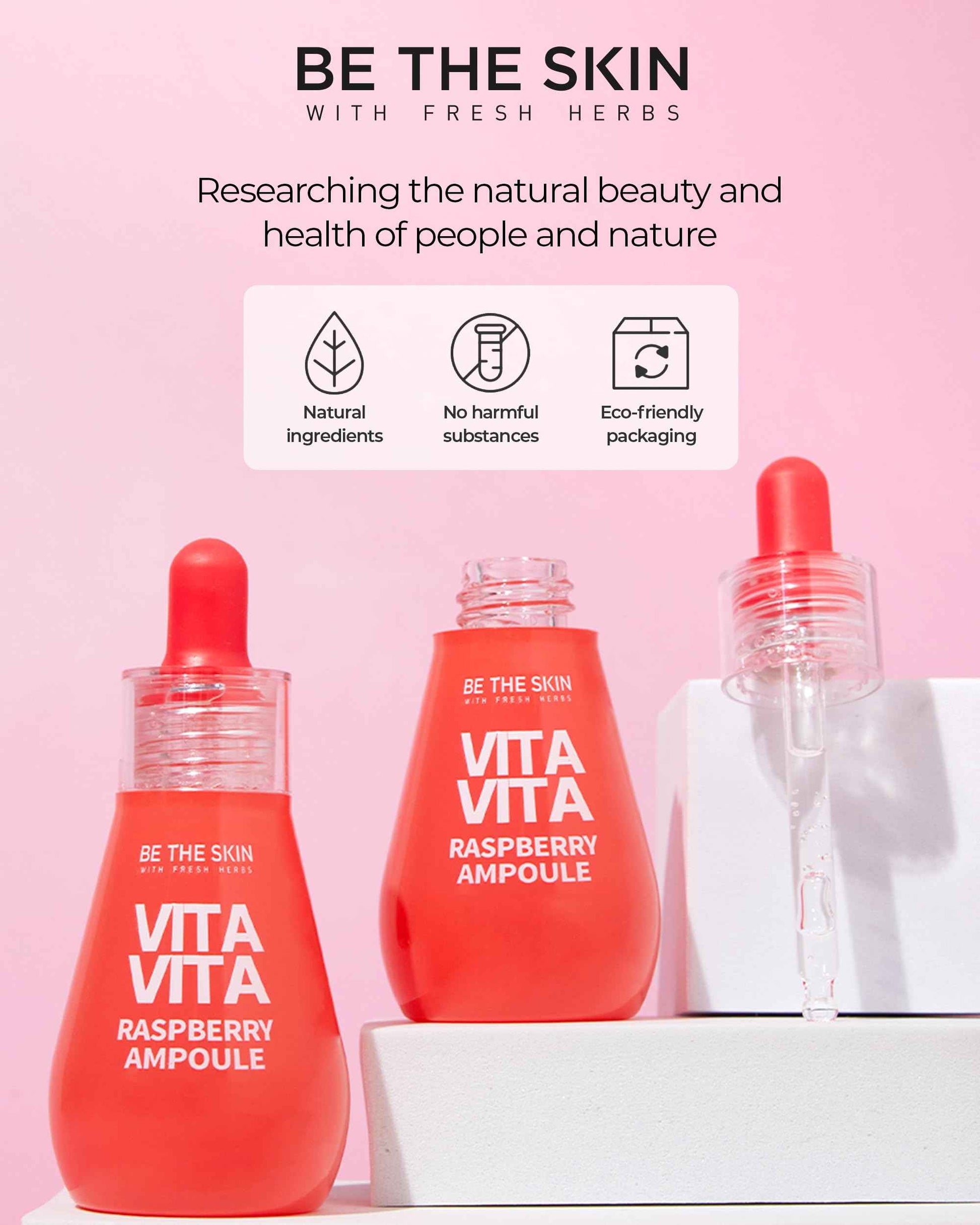 BE THE SKIN Vitavita Raspberry Ampoule - Radiance Boosting Face Serum for Even Skin Tone and Enhanced Elasticity with Niacinamide, Vitamin C, 11 Peptides, 1.01 fl.oz.