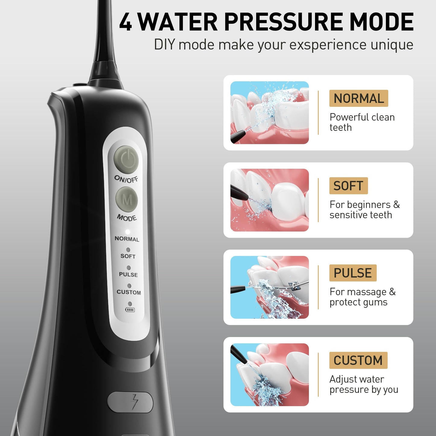 ZPN Water Dental Flosser Cordless for Teeth Cleaning，with 4 Modes Oral Irrigator, 5 Replaceable Jet Tips, Portable and Rechargeable IPX7 Waterproof Teeth Cleaner for Home and Travel (Black)