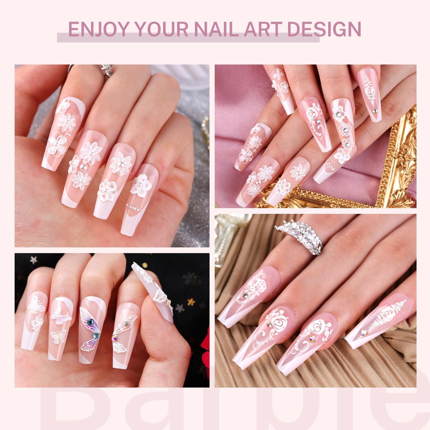 4 Sheets 5D Flower Nail Art Stickers Decals Embossed Hollow Exquisite Pegatinas Uñas 3D Self Adhesive White Lace Floral Leaf Feather Nail Accessories for Acrylic Nail Design Women Manicure Decor SET-5