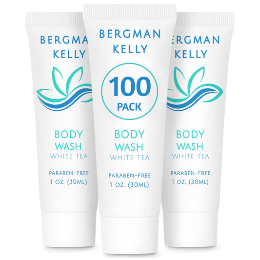 BERGMAN KELLY Travel Size Body Wash (1 fl oz, 100 PK, White Tea), Delight Your Guests with a Revitalizing and Refreshing Hotel Body Wash, Quality Mini and Small Size Guest Hotel Toiletries in Bulk