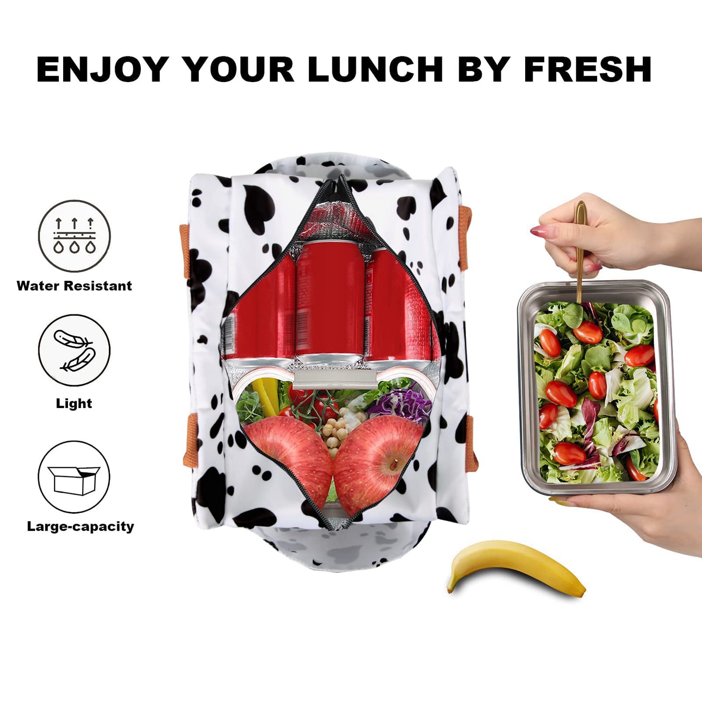 Joymee Lunch Bag Women Insulated Lunch Box Reusable Leakproof Large Spacious Cooler Tote for Womens Mens Adults with Bottle Holder and Side Pockets for Work Office Travel Picnic - Cow