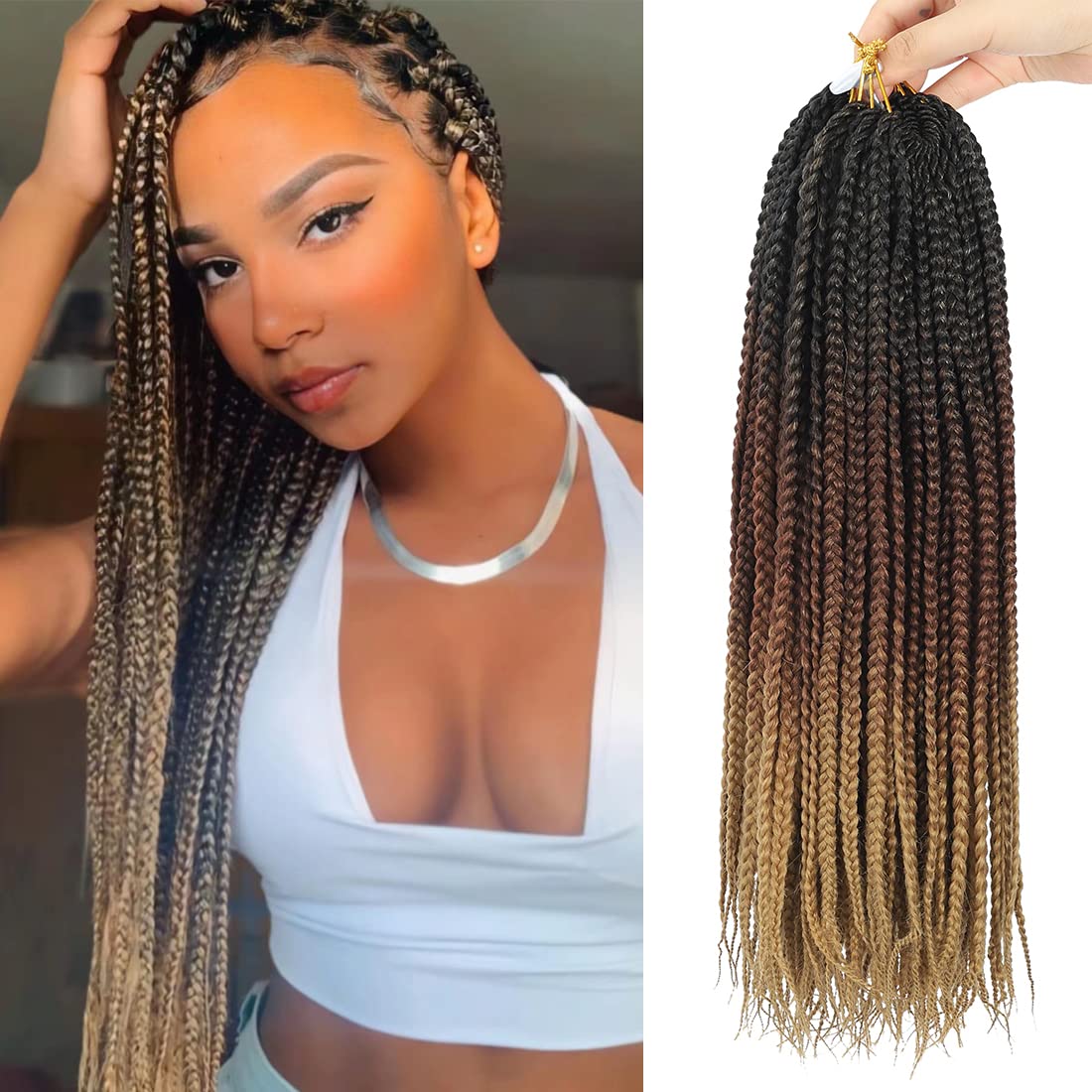 Crochet Box Braids Hair pre looped Goddess Box Braids Crochet Braiding Hair 7 Packs Crochet Box Braids 3x Box Braids Crochet Hair (18 inch, 1B/30/27)