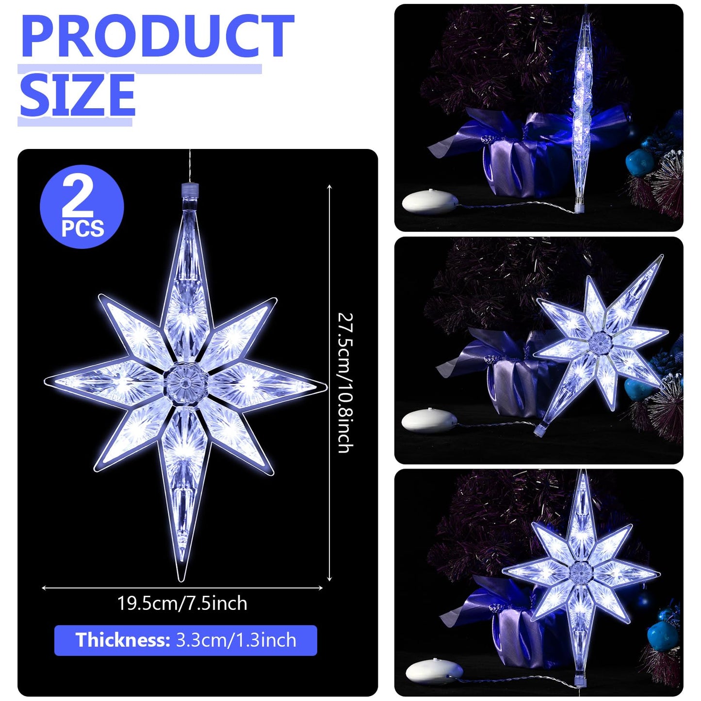 Mudder 10.8 Inch Christmas Window Star Lights Plastic Lighted Star Tree Topper Decoration Large Hanging Stars Christmas Window Lights LED Star Window Silhouette Decoration (Cool White,2 Pieces)